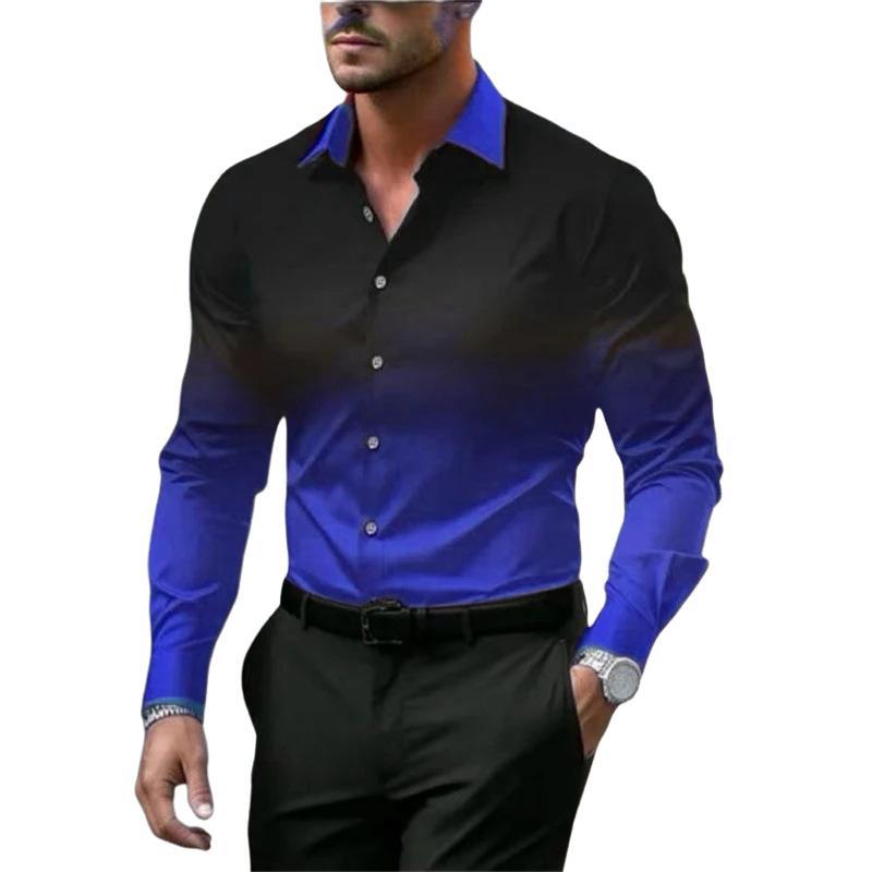 Men's Gradient Lapel Button Loose Long Sleeve Shirt