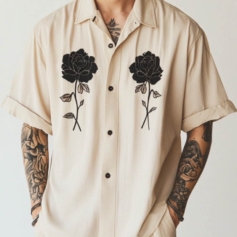Men's Casual Cotton Linen Rose Embroidery Lapel Loose Short Sleeve Shirt