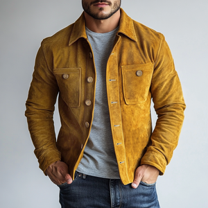 Chaqueta vintage de ante con bolsillo en el pecho y botonadura sencilla para hombre