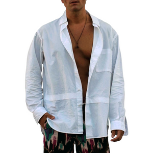 Men's Solid Lapel Chest Pocket Long Sleeve Shirt