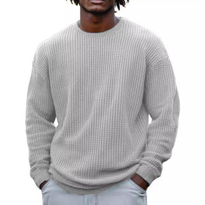 Men's Solid Color Waffle Round Neck Long Sleeve Sweatshirt