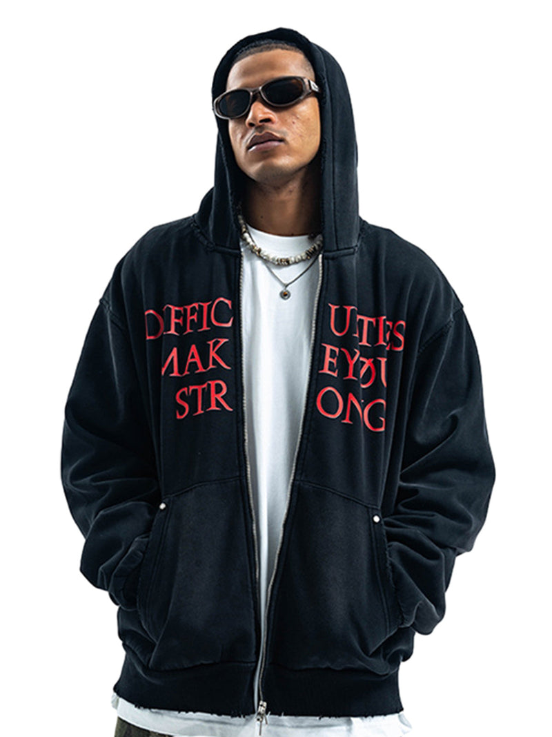 Washed Letter Print Double Zipper Fleece Hoodie