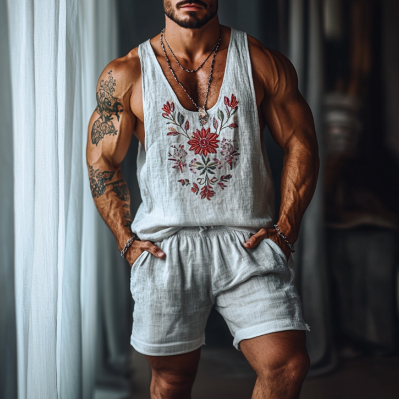 Herren Casual Leinen Blumenstickerei U-Ausschnitt Lockeres Tanktop Shorts Set