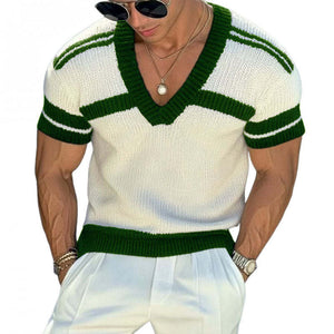 Camiseta informal de punto de manga corta con cuello en V y rayas de jacquard para hombre