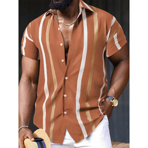 Men's Casual Striped Printed Lapel Short Sleeve Shirt