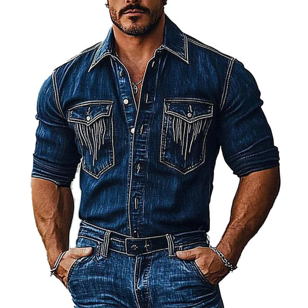 Men's Distressed Vintage Long Sleeve Denim Shirt