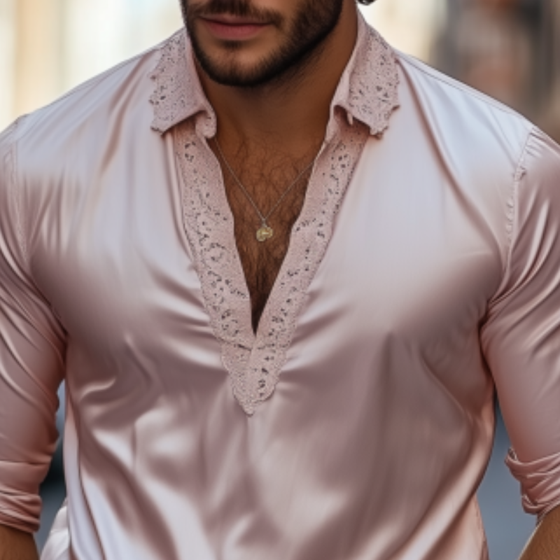 Herrenmode Lässiges Slim Fit Langarmhemd mit Spitze und Satin-Spleißen und tiefem V-Ausschnitt