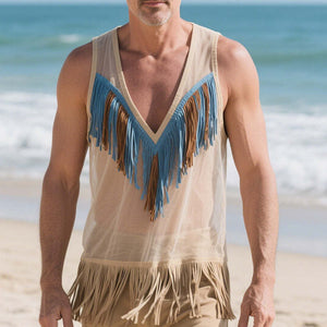 Camiseta fina sin mangas con borlas de ante de moda de primavera para hombre