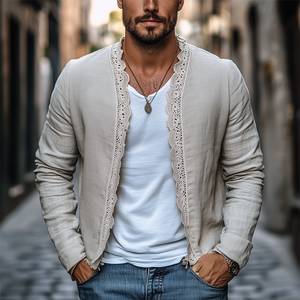 Cárdigan de algodón y lino con costuras de encaje, estilo étnico, informal, retro, para hombre, primavera