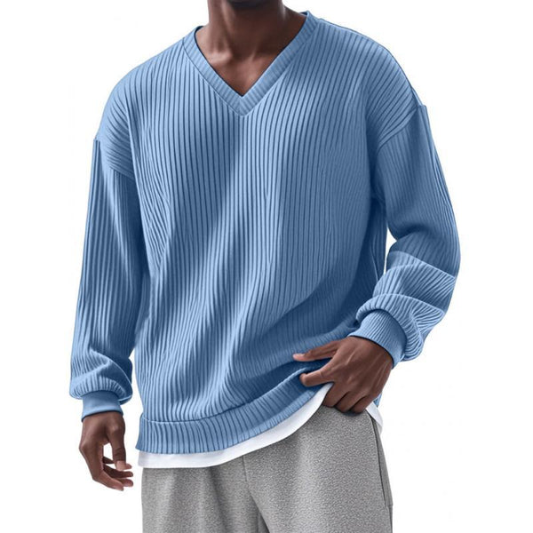 Camiseta informal de manga larga holgada a rayas con cuello en V para hombre