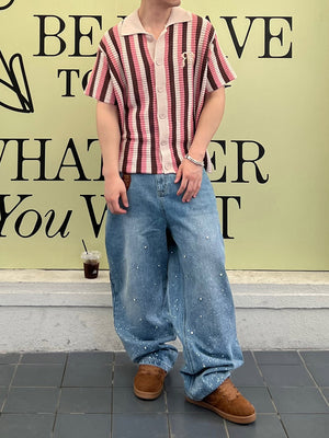 Gestreiftes, besticktes Kurzarmhemd 