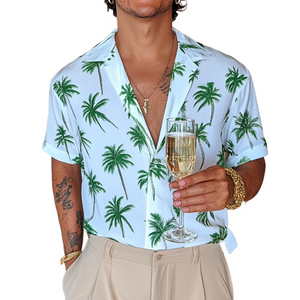 Camisa informal de manga corta holgada con cuello cubano y estampado de palmeras para hombre