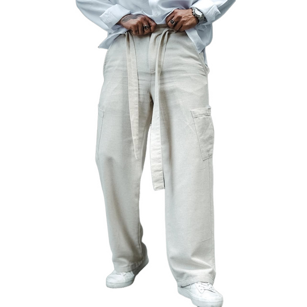 Pantalones casuales rectos de cintura media de algodón y lino liso para hombre