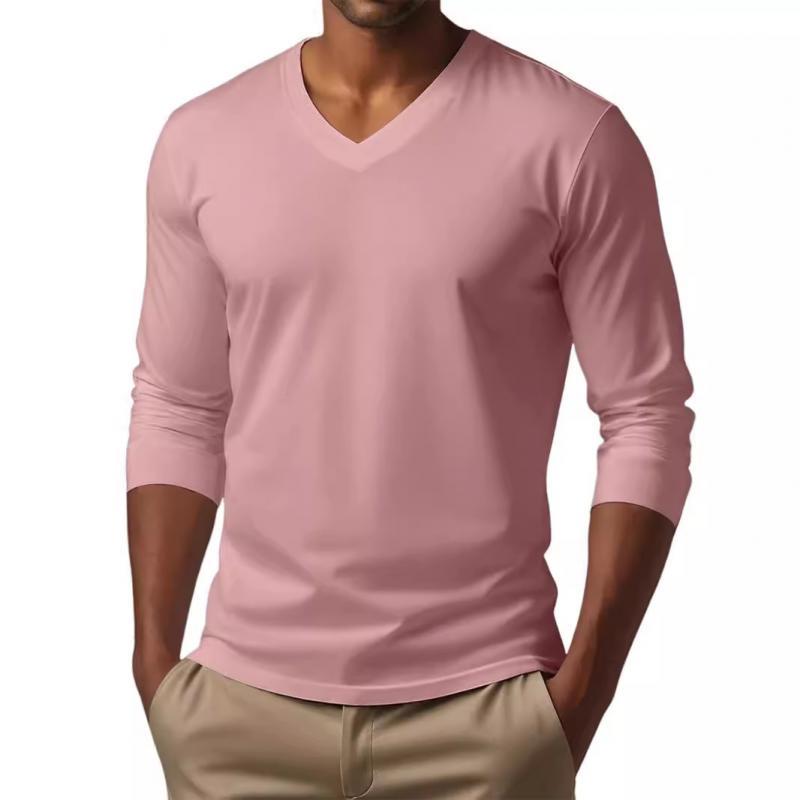 Camiseta informal de manga larga ajustada de algodón mezclado con cuello en V para hombre