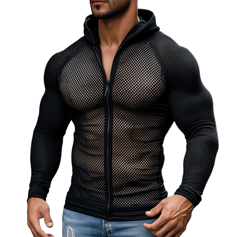 Camiseta deportiva de manga larga con capucha y cremallera de tejido de malla informal retro para hombre