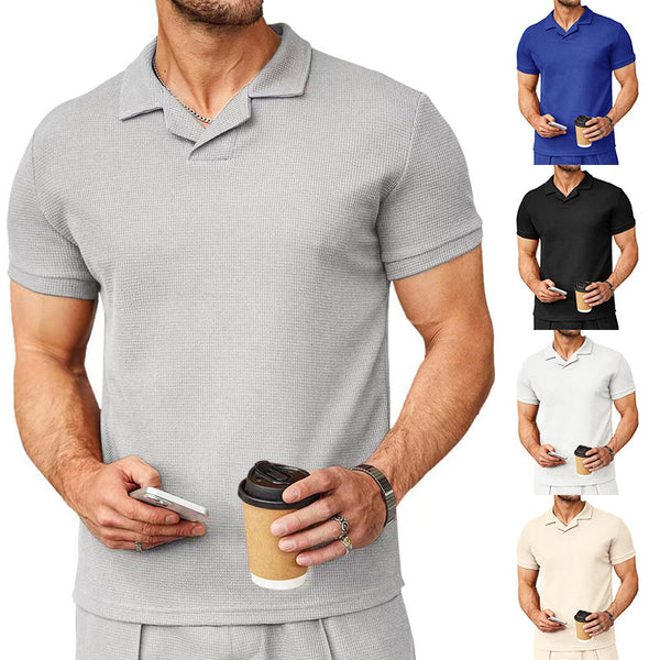 WAFFLE V-NECK POLO SHIRT WITH FLIP COLLAR, COOL AND CASUAL FASHION T-SHIRT