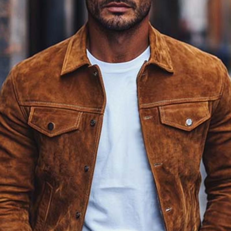 Klassische, lässige Wildlederjacke mit mehreren Taschen und schmaler Passform für Herren