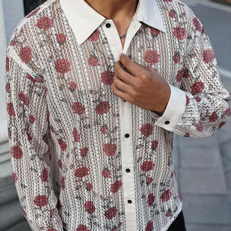 Men's Knitted Rose Jacquard Long Sleeve Shirt