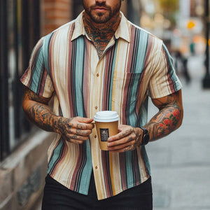 Men's Retro Colorblock Striped Short Sleeve Shirt