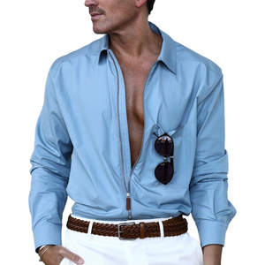 Men's Solid Lapel Zipper Placket Pocket Long Sleeve Shirt