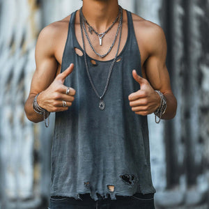 Men's Retro Hole Washed Crewneck Tank Top