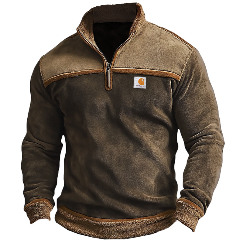 Men's Vintage Suede Patchwork Lamb Fleece Quarter Zip Stand Collar Pullover