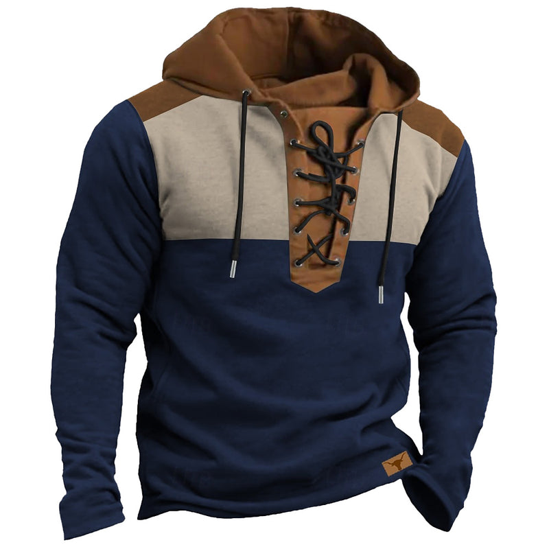 Men's Vintage Cowboy Color Block Lace-up Hoodie