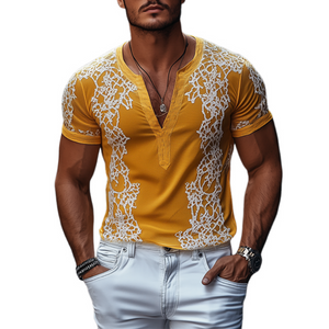 Camiseta de manga corta de algodón con bordado exquisito y escote en V profundo para hombre, moda de primavera