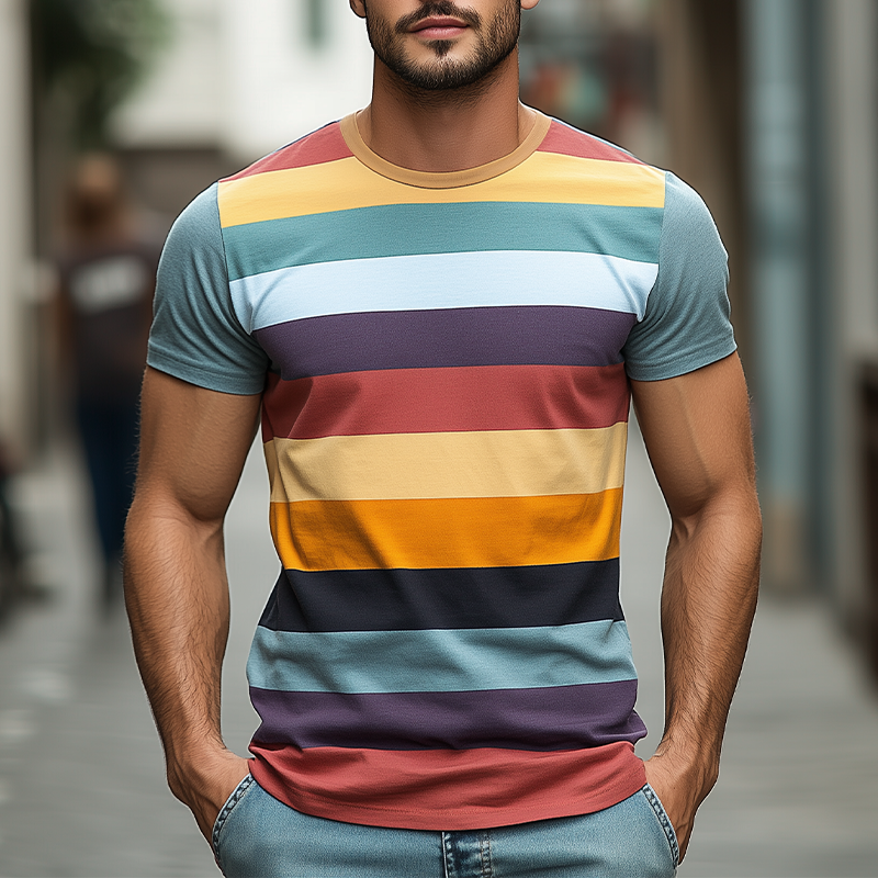 Lässiges Herren-T-Shirt aus Baumwolle mit Rundhalsausschnitt und schmaler Passform und horizontalen Streifen