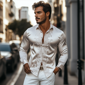 Men's Spring Fashion Classic Retro Satin Embroidery Slim Fit Long Sleeve Shirt