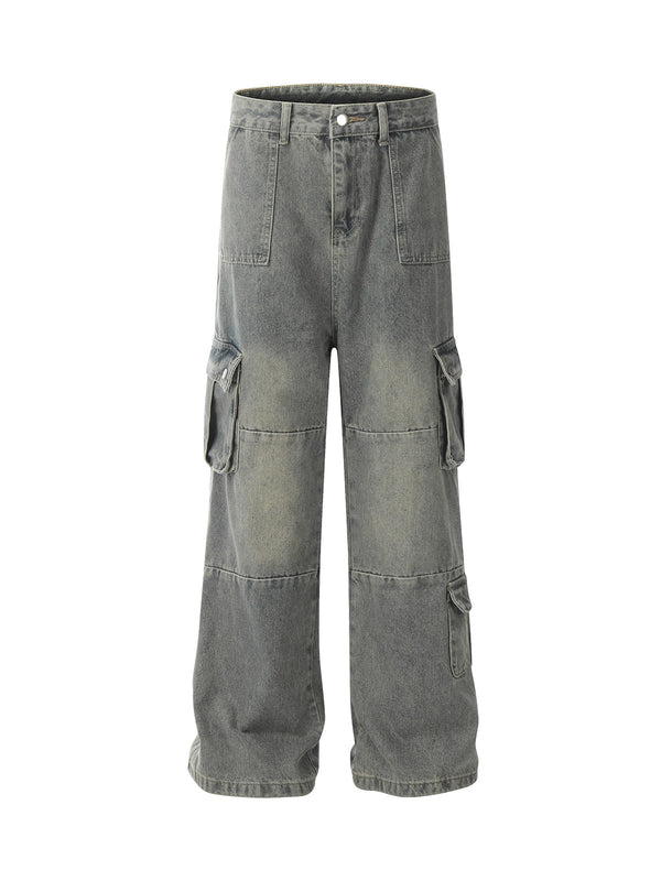 Distressed Washed Multi-Pocket Cargo Jeans