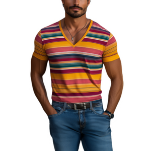 Camiseta informal de algodón a rayas en contraste, cuello en V y manga corta para hombre