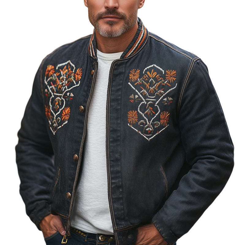 Men's Vintage Western Denim Distressed Embroidered Button Up Jacket MTA2731C7U