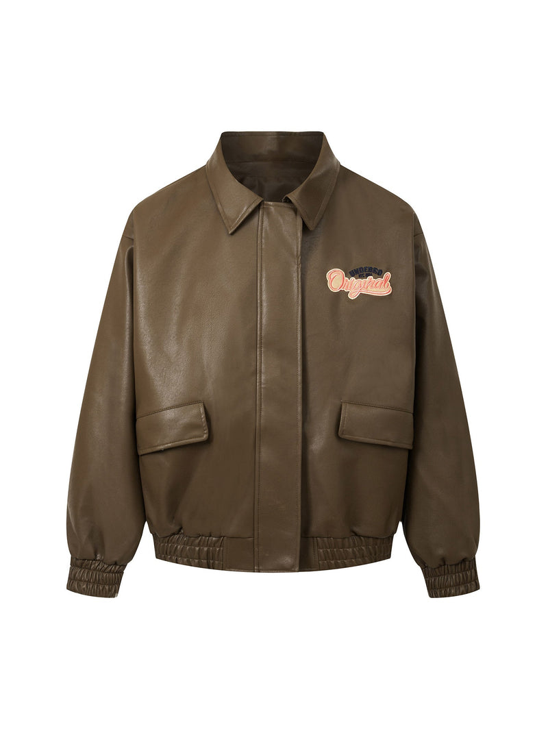 Lettering Embroidered Leather Bomber Jacket