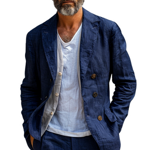 Men's Solid Cotton And Linen Notch Lapel Double Breasted Casual Blazer