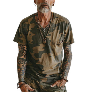 Men's Vintage Camo Print V-Neck Chest Pocket Short Sleeve T-Shirt