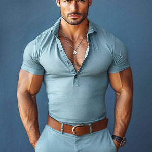 Camisa informal de manga corta con solapa de algodón y lino para hombre