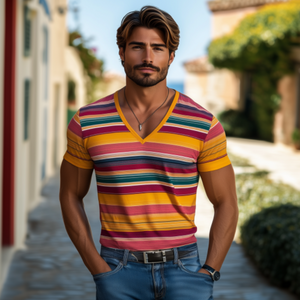 Camiseta informal de algodón a rayas en contraste, cuello en V y manga corta para hombre