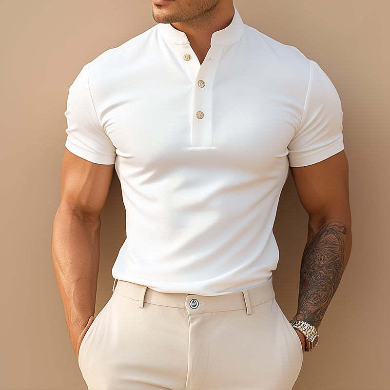 Men's Retro Casual Cotton Stand Collar Short Sleeve T-Shirt