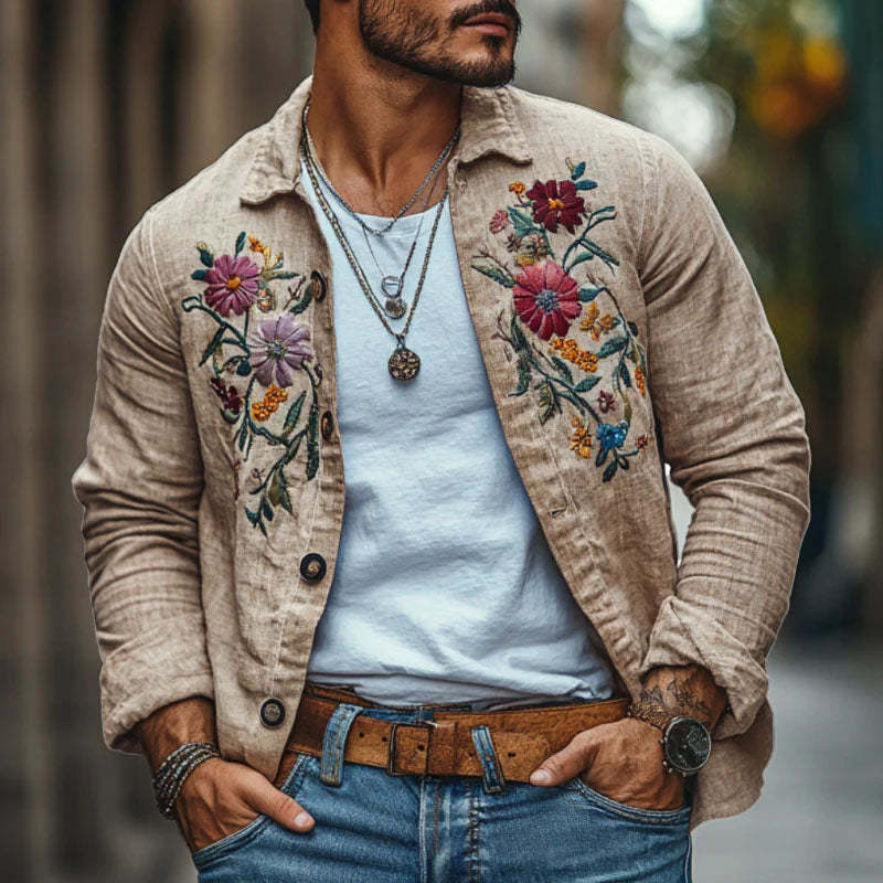Camisa informal de lino con solapa bordada y manga larga suelta para hombre