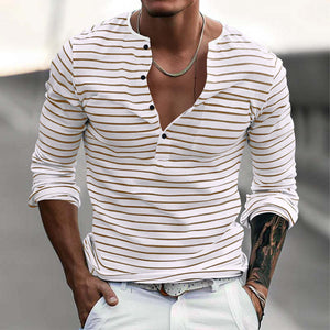 Camiseta informal de manga larga con cuello Henley a rayas para hombre