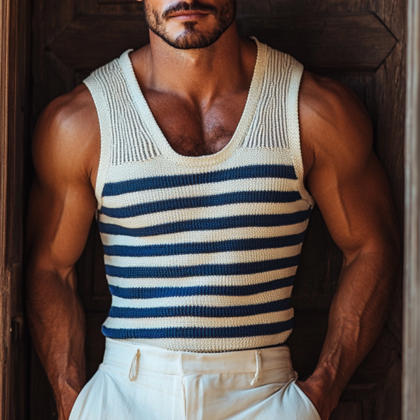 Camiseta de tirantes de punto ajustada con rayas azul marino y cuello en U informal para hombre