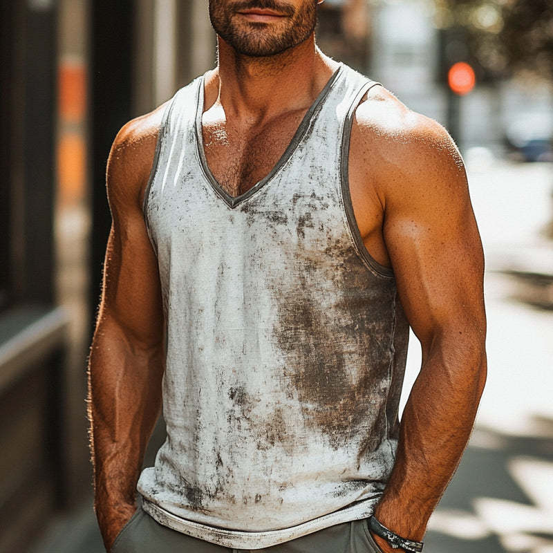 Hautfreundliches, atmungsaktives Tanktop mit V-Ausschnitt und Retro-Print für Herren