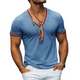Men's Summer Fashion Casual V-neck Colored Ribbon Bamboo Cotton Blended Short Sleeve T-shirt (Tassel Removable)