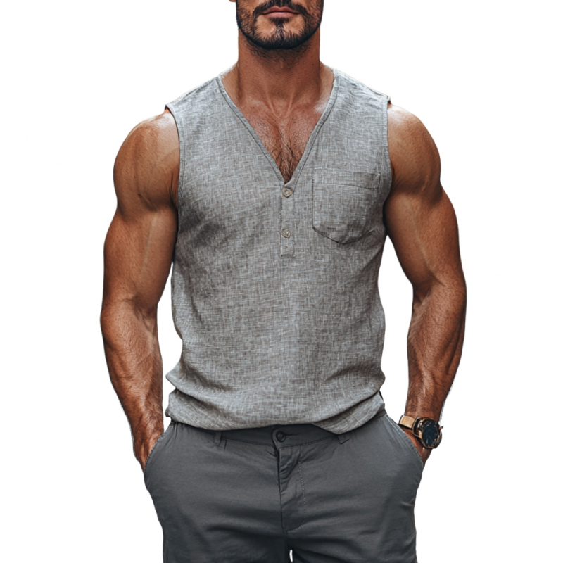 Lässiges Herren-Tanktop aus Leinen mit Knöpfen, V-Ausschnitt, aufgesetzter Tasche und schmaler Passform