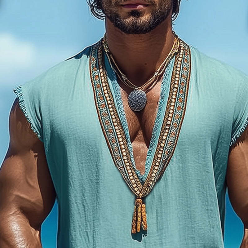 Herren Sommer-Tanktop aus Baumwolle und Leinen mit V-Ausschnitt und Retro-Stickerei