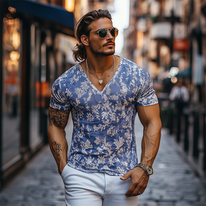 Camiseta informal de manga corta de algodón desgastado con cuello en V y corte ajustado para hombre