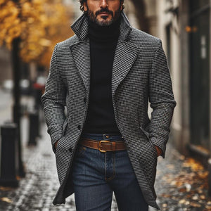 Abrigo clásico de pata de gallo con solapa con muesca y botonadura sencilla de largo medio para hombre