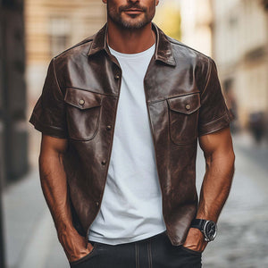 Men's Summer Vintage Brown Leather Short Sleeve Shirt