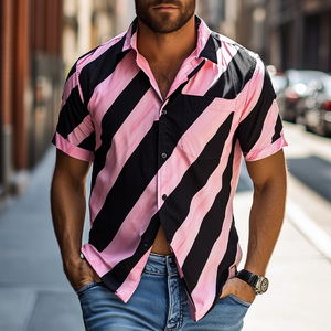 Camisa informal americana de gasa con estampado a rayas y manga corta para hombre